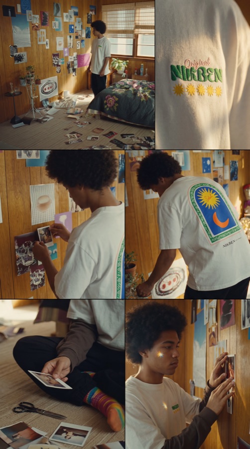 Generated campaign stills of Isiah wearing the Soleil tee in the bedroom